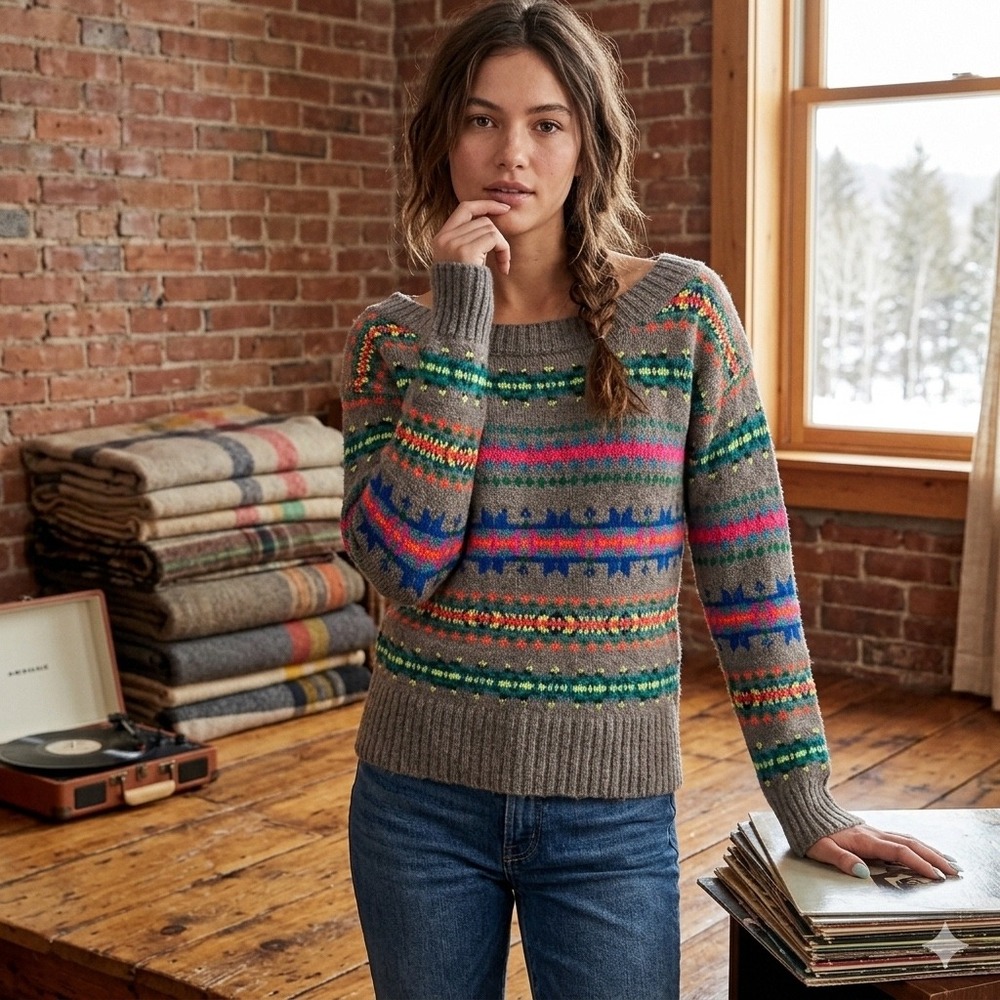 VTG Indie Eclectic Grandpa American Eagle Neon Fair Isle Wool Nordic Ski Sweater